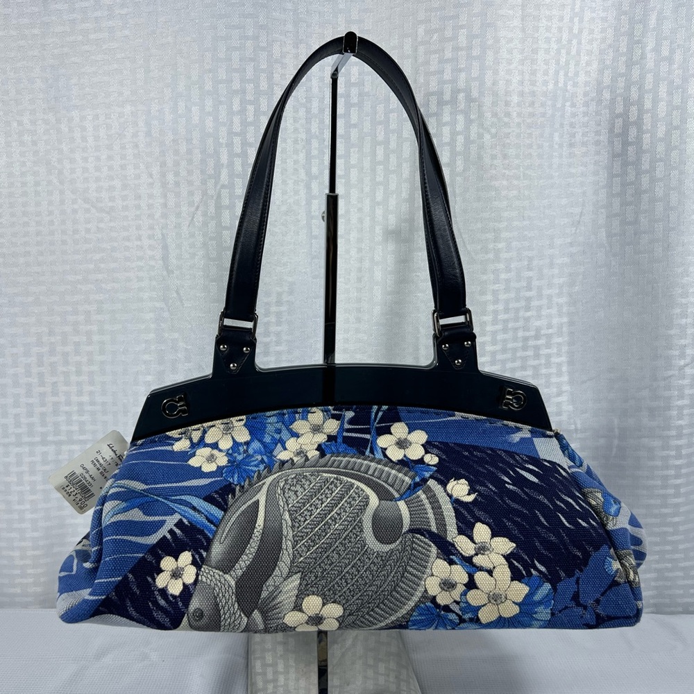Ferragamo Fish Print Canvas Satchel Blue Leather Trim Italy